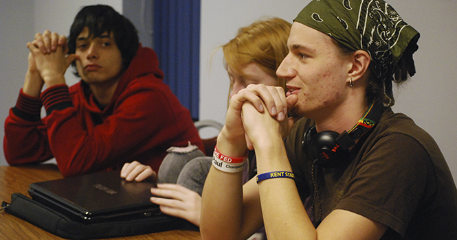 Shane Cress, a member of the Kent State Liberty Alliance, listens to other members speak during the group meeting on Tuesday, October 2. Photo by MELANIE NESTERUK.