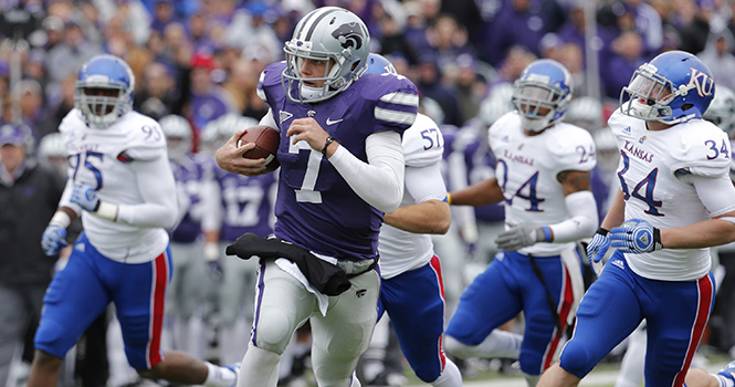 Kansas State quarterback Collin Klein (7) runs 28 yards for a touchdown in the third quarter against Kansas on Saturday, October 6, 2012, in Manhattan, Kansas. K-State defeated Kansas, 56-16. Photo by Bo Rader/Wichita Eagle/MCT.