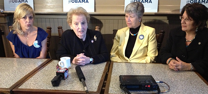 Madeleine Albright tells a room full of Cleveland women that the women's rights movement will revert back to an earlier, less free time in history if the next President isn't Barack Obama. Left to right: Obama for America National Women's Vote Director Kate Chapek, former Secretary of State Madeleine Albright, former Ohio first lady Frances Strickland and District 13 Ohio House Representative Nickie Antonio. Photo by Kelsey Misbrener.