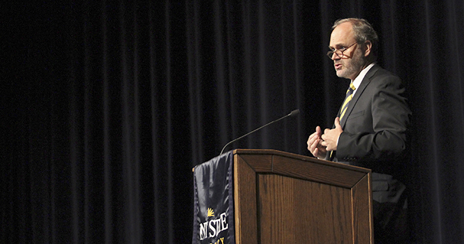 University Provost and Senior Vice President for Academic Affairs Todd Diacon, speaks at the semiannual Bowman breakfast in the Student Center on Wednesday Oct. 3. Diacon spoke about what he loves about Kent State and of northern Ohio. Photo by Brian Smith.