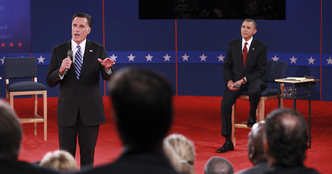 President Barack Obama, right, and Republican presidential nominee Mitt Romney during their second presidential debate at Hofstra University in Hempstead, New York, on Tuesday, Oct. 16, 2012. Photo by John Paraskevas, Newsday.