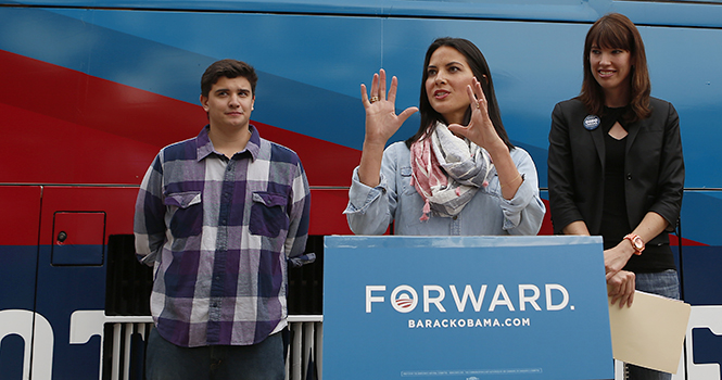 Olivia Munn speaks to students about the importance of voting, outside of Eastway on Friday. Munn is an actress, comedian, model, televison personality and author. Photo by Coty Giannelli.