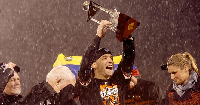 San Francisco Giants; Marco Scutaro celebrates the MVP award on the field after defeating the St. Louis Cardinals 9-0 in Game 7 of the National League Championship Series at AT&amp;T Park in San Francisco, Calif., on Monday, October 22, 2012. The Giants advance to the World Series. Photo by Gary Reyes.