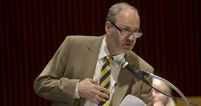 Todd Diacon, the new Provost for Kent State University, speaks at the October Faculty Senate Meeting on Oct. 8. Photo by Jacob Byk.