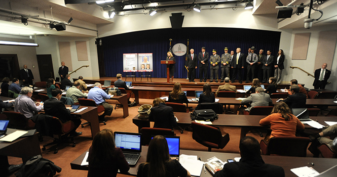 Pennsylvania Attorney General Linda Kelly announces charges against former Penn State president Graham Spanier and additional charges against former vice president Gary Schultz and athletic director Tim Curley during a news conference at the Pennsylvania State Capitol Building in Harrisburg, Pennsylvania on Thursday, November 1, 2012. Photo courtesy of MCT Campus.