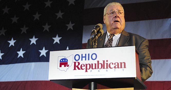 The Chairman of the Ohio GOP, Bob Bennett, speaks to guests at the Ohio Republican Election Night Party in Columbus. Various speakers including Senate candidate Josh Mandel are expected to speak while guests await poll results. Photo by Jenna Watson