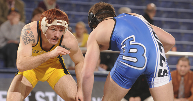 Freshman Mark McGuire competes against a member of the Buffalo wreastling team in the Mac center on Feb. 3. Photo by PHILIP BOTTA.