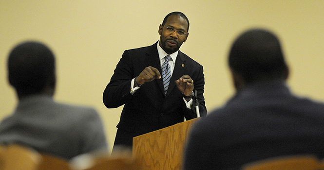 Kent State's new assistant provost Said Sewell gave an inspiring speech to a crowd at the Student Center Wednesday night as a part of an event held by the Multicultural Center.. Photo by Hannah Potes.