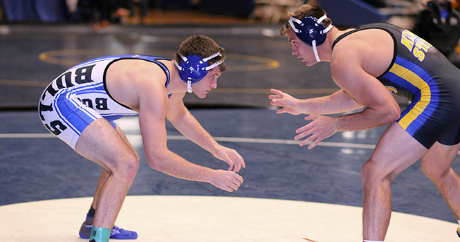 University of Buffalo wrestler John Northrup and Kent State wrestler Casey Newburg get ready to grapple at the 2012 Buffalo Brawl Invitational tournament in Buffalo, N.Y. on Sunday, Nov. 3, 2012. Photo by Nick Fischetti.