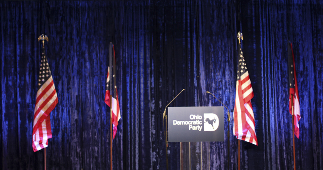 The podium for Sherrod Brown at the Democratic watch party in Columbus on Nov. 6. Photo by Brian Smith.