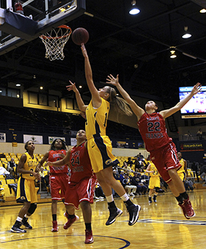 Senior guard Tamzin Barroilhet goes for a layup during a 81-67 loss to St. Francis (Pa.) Wednesday, Nov. 28 in the M.A.C. Center. The Kent State women's basketball team fell to 0-6 and has lost 14 of its last 15 games dating back to last season. Photo by SHANE FLANIGAN.