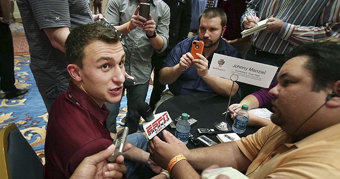 Texas A&amp;M quarterback Johnny Manziel is interviewed during a media availability event for the ESPN College Football Awards at Disney's Boardwalk Inn on Wednesday, December 5, 2012, in Orlando, Florida.. Photo by STEPHEN M. DOWELL.