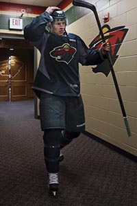 Minnesota Wild left wing Zach Parise (11) adjusts his headset while heading out for the second practice on Sunday, January 13, 2013, in St. Paul, Minnesota. Photo courtesy of MCT Campus.