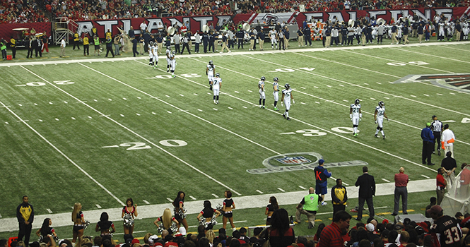 The Seattle Seahawks line up for a kickoff during the second half in their NFC Divisional Playoff game against the Atlanta Falcons on Sunday. The Falcons won, advancing to the NFC National Championship. Photo by Grant Engle .