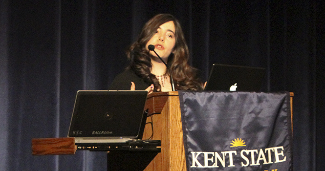 Jennifer Pozner speaks to a crowd in the ballroom on Jan. 22. Pozner spoke about her time dissecting reality shows and finding out why they are guilty pleasures. Photo by Rachel La Goubin.