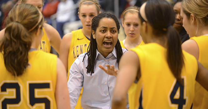 Head coach Danielle O'Banion leads the Flashes during their game against Miami of Ohio Sunday afternoon. Kent State fell to Miami, 76-48. Photo by JENNA WATSON.