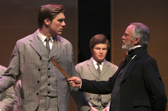 Michael Glavan (left) and Greg Violand (right) peform on stage during a dress rehearsal of "Spring Awakening" Thursday, Feb. 14. Directed by Tony Award winning Michael Rupert, "Spring Awakening" will run from Feb. 17 through Feb. 24 at the E. Turner Stump Theatre in the Music and Speech Building and is part of the Kent State University Roe Green Visiting Director Series. Photo by Shane Flanigan.