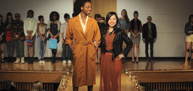 Models show off their fashions after the Goodwill Fashin Show in Rockwell on Feb. 15. Photo by Jacob Byk .Sarah Pohan (left) and on the right is the president of Fashion Student Organization hand flowers to the judges for their help with the Goodwill Fashion Show on Feb. 15. Photo by Jacob Byk.