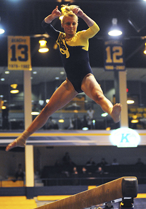 Kent State's gymnastics team shared the M.A.C.C. with the wrestling team at a meet against Rutgers on Friday, January 8. Photo by Rachael Le Goubin.