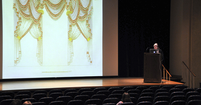 Gail Caskey Winkler, Director of the Graduate Program in Historic Preservation at the University of Pennsylvania, speaks to students and faculty in the KIVA on Monday, February 25, 2013. Dr. Winkler discussed historical interior design that spanned from the Industrial revolution in 19th century Great Britain for textiles to the development of interior design books in France to American interior design and her restoration efforts around the country. Photo by JESSICA DENTON.