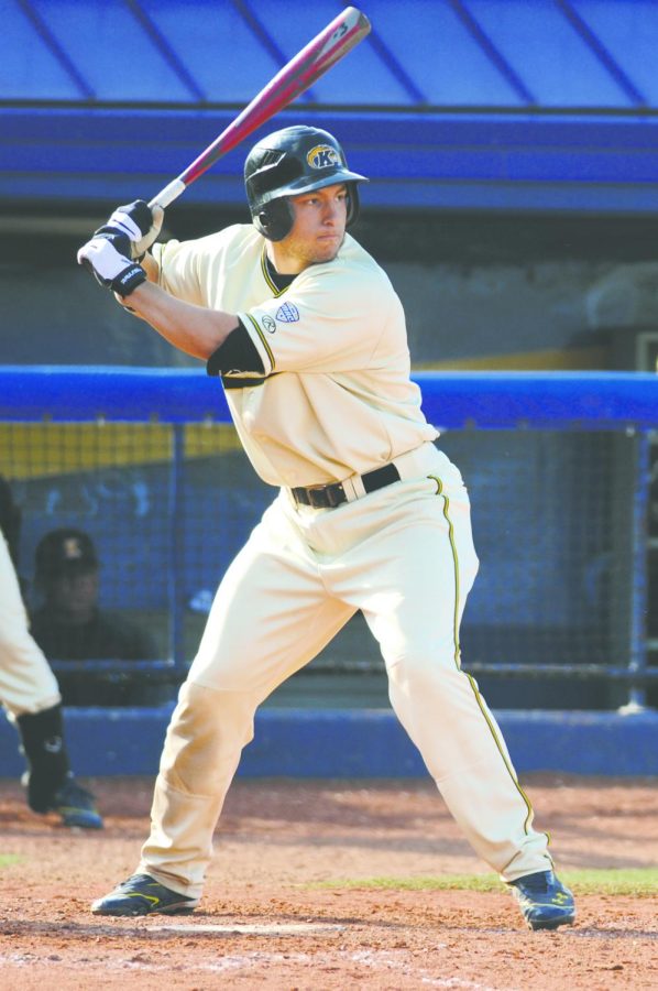 David Lyon takes up the bat during the March 23, 2012 game against Northern Illinois. Lyon was picked up by the Texas Rangers in the 2012 MLB draft and now swings for a rookie team in the Arizona Leage. Photo by Jenna Watson.