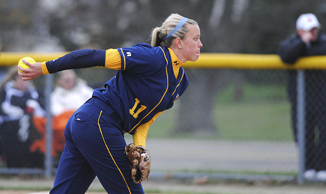 Freshman pitcher Emma Johnson wound up for a pitch during the Flashes' game against Eastern Michigan on Saturday, March 31, 2012. Kent State won with a final score of 6-1. Photo by Jenna Watson.