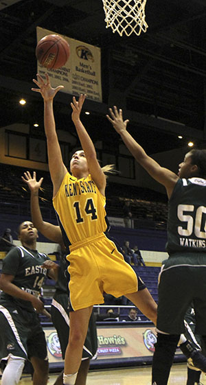 Senior guard Tamzin Barroilhet goes for a layup during a 64-45 loss to Eastern Michigan Thursday, Jan. 24 at the MACC. The Kent State Women's Basketball team is currently 3-18 overall this season. Photo by SHANE FLANIGAN