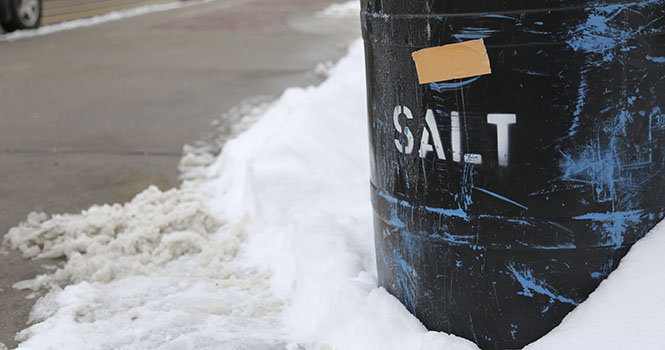 A drum of salt sits next to a cleanly shoved sidewalk leading up to Franklin Hall on Feb. 6. 