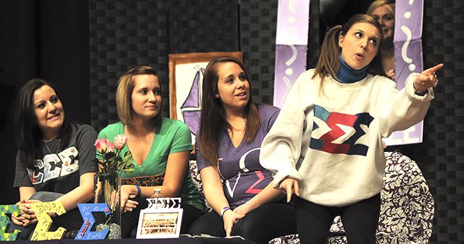 Alpha Xi Delta, the winner for overall sororities, performs their skit in Tri Sigma Night Live on Feb. 2 in the Kent State Ballroom. Photo by Jacob Byk.