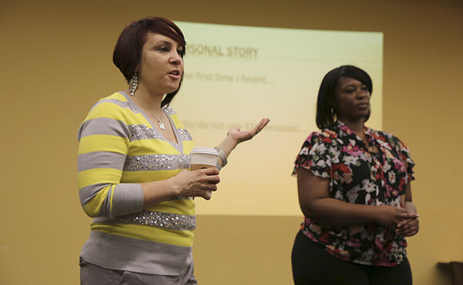 Shana Lee and Trinidy Jeter, both of whom work at the Student Multicultural Center, host a dialogue series titled "Say What?!: That’s my N!@%*" on Feb. 6. Lee and Jeter discussed with the audience derogatory words and how they are used in modern culture. Photo by Brian Smith.