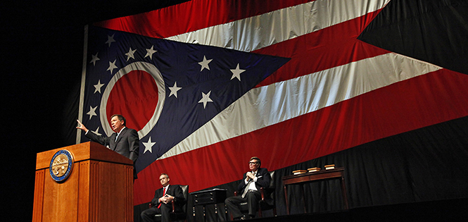 Gov. John Kasich delivers the State of the State address at Veterans Memorial Civic &amp; Convention Center in Lima, Ohio on Feb. 19, 2013. Photo by Adam Cairns / The Columbus Dispatch.