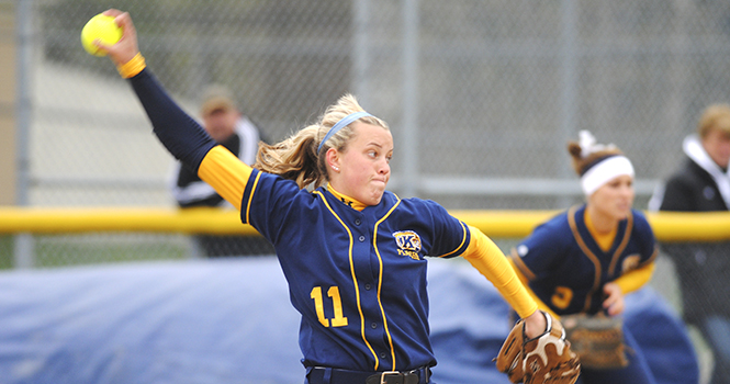 Freshman pitcher Emma Johnson wound up for a pitch during the Flashes' game against Eastern Michigan on Saturday, March 31, 2012. Kent State won with a final score of 6-1. Photo by Jenna Watson.