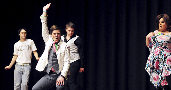 Delta Lambda Phi performs "gay"mes Bond, their own rendition of James Bond complete with the damsel in distress in drag. Every fraternity and sorority performed an act at the Delta Zeta Lip Sync event on Saturday, Mar. 2 in the KSU ballroom. Photo by Rachael Le Goubin.