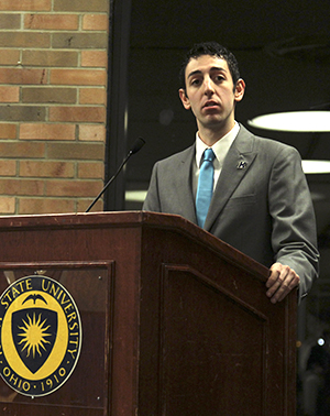 Various candidates running for positions in Undergraduate Student Government answer questions during the public election forum on Thursday, Feb. 28. Erik Clarke is running against Amish Patel for the position of Executive Director. Photo by Melanie Nesteruk.