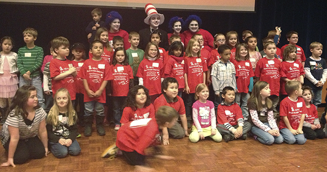 Children from Kent City school district help celebrate Dr. Seuss birthday on March 3, 2013 in the Student Center ballroom. The event hosted by the Kent State Student Education Association was part of the NEA Read Across America event. Photo by Abigail Bradford.