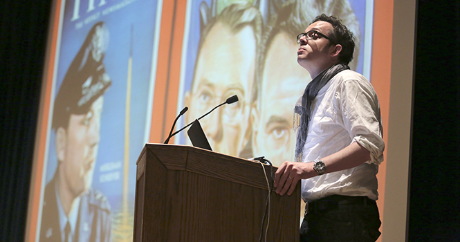 Nicholas de Monchaux, an assistant professor at Berkley, speaks at the KIVA on March 11, 2013. Monchaux spoke about how the NASA rocket programs of the 1960s affected modern urban design and development. Photo by Brian Smith.