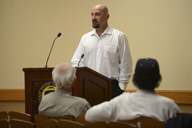 Death row exoneree Joe D'Ambrosio speaks to students about his experiences of being on death row on Tuesday evening. D'Ambrosio was sentenced to death for murder in 1989, the conviction was overturned in 2006 and he was released in 2009. Photo by Jenna Watson.