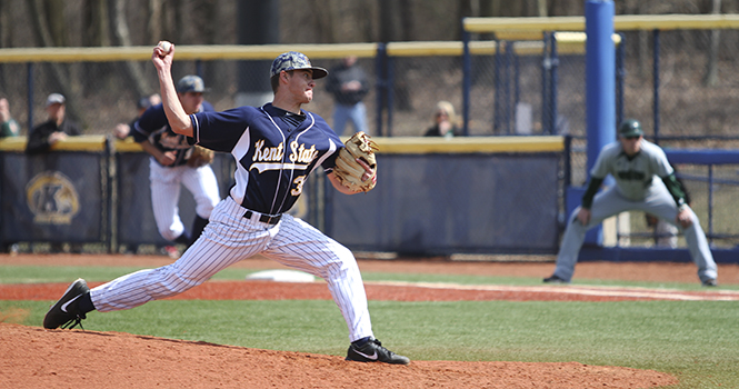 Sophomore Dan Kopcak pitches on Saturday, April 6 during a 6-3 home loss to Ohio, dropping Kent State's record to 13-15 on the season. Photo by Shane Flanigan.