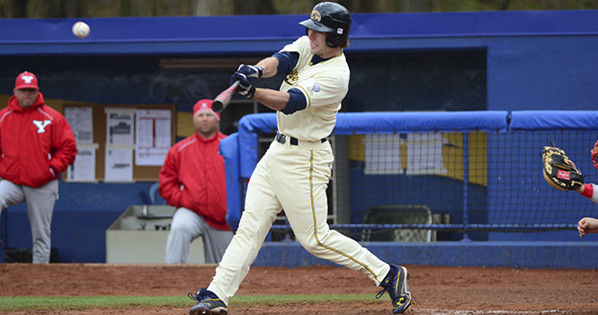 Nick Hamilton, junior infielder, hits the ball during the home game against Youngstown State University on April 11, 2012. The Flashes beat the Penguins 14-4. Photo by Nancy Urchak.