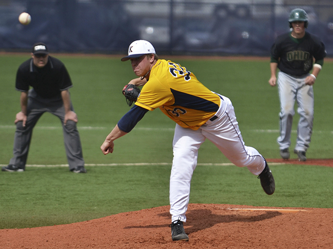 Sophomore pitcher Brian Clark pitches to Ohio University at Kent State's game on Sunday, Aril 7. The Flashes won 10-3. Photo by Chloe Hackathorn.