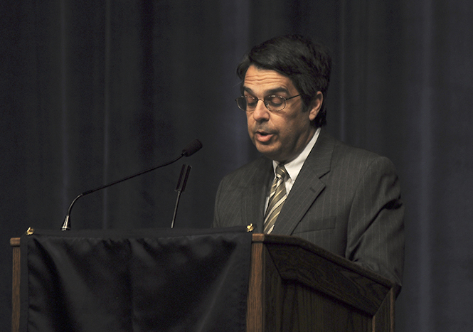 Roger Di Paolo, editor of The Record-Courier, speaks at the annual Bowman Breakfast on April 16 in the ballroom. Photo by Jacob Byk.