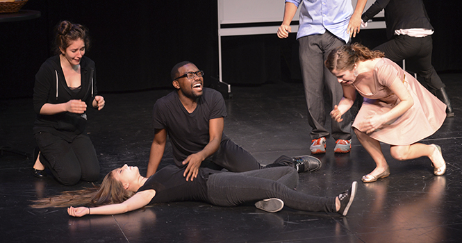 Students rehearse "D.A.S.G.S.S.V.O.T", a short play written and directed by C.C Ziegler, on Thursday April 10 in the Music and Speech building to prepare for their performance in the Student Film Festival. Photo by Melanie Nesteruk.