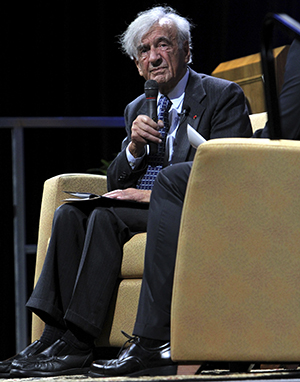 Professor and Holocaust survivor Elie Wiesel speaks on April 10 in the MACC about his life and his experiences during the Holocaust. Wiesel is a professor at Boston University and a published author best known for his memoir, "Night." Photo by Adrianne Bastas.