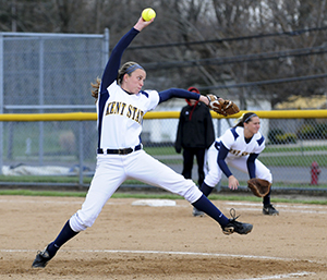 Sophomore pitcher Emma Johnson pitches against Northern Illinois on April 19, 2013. The Flashes will face a doubleheader against the Cleveland State Vikings today at the Diamond at Dix. Photo by Rachael Le Goubin.