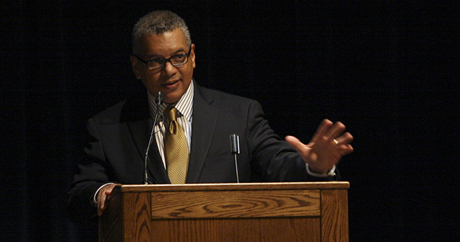 The McGruder recipient Russ Mitchell spoke at the Kiva on Tuesday April 2, 2013 about his struggles and triumphs as a African-American journalist for the McGruder Lecture. Michell is the anchor of the WKYCs evening news, and was the anchor for the CBS Sunday Night News and Up to the Minute. Photo by Emily Lambillotte.