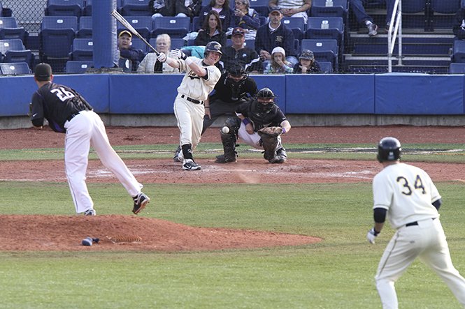 Junior outfielder TJ Sutton bats for Kent State during a 21-2 home win over Niagara on Wednesday, April 17. Photo by Brian Smith.