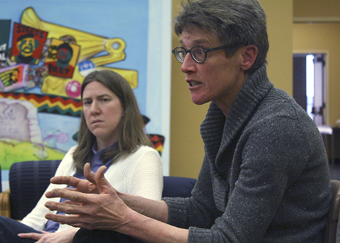 Suzanne Holt, director of the Women's Studies Program, held a group discussion in the Multicultural Center in the student center on Wednesday, April 3 about language and sexual violence. Photo by Emily Lambillotte.