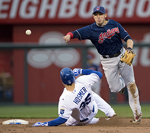 Cleveland Indians shortstop Asdrubal Cabrera, right, forces the Kansas City Royals' Eric Hosmer (35) at second and completes the double play at first to end the third inning on Saturday, April 27, 2013, at Kauffman Stadium in Kansas City, Missouri. (John Sleezer/Kansas City Star/MCT)