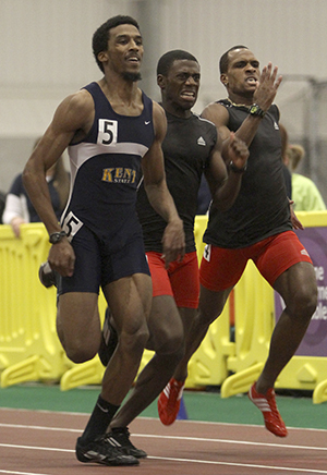 Senior sprinter Brandon Bailey runs the men's 60 meter dash on Feb. 16, 2013 during the Kent State Tune Up track and field meet at the field house. Bailey placed first with a 6.88 second run. Photo by Matt Hafley.