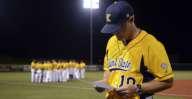 Kent's now former head baseball coach Scott Stricklin is interviewed after the Flashes beat Central Michigan 15-8 in the first round of the Mid American Conference tournament on May 22, 2013. Stricklin left Kent State to become the head coach of the Georgia Bulldogs. Photo by Matt Hafley.